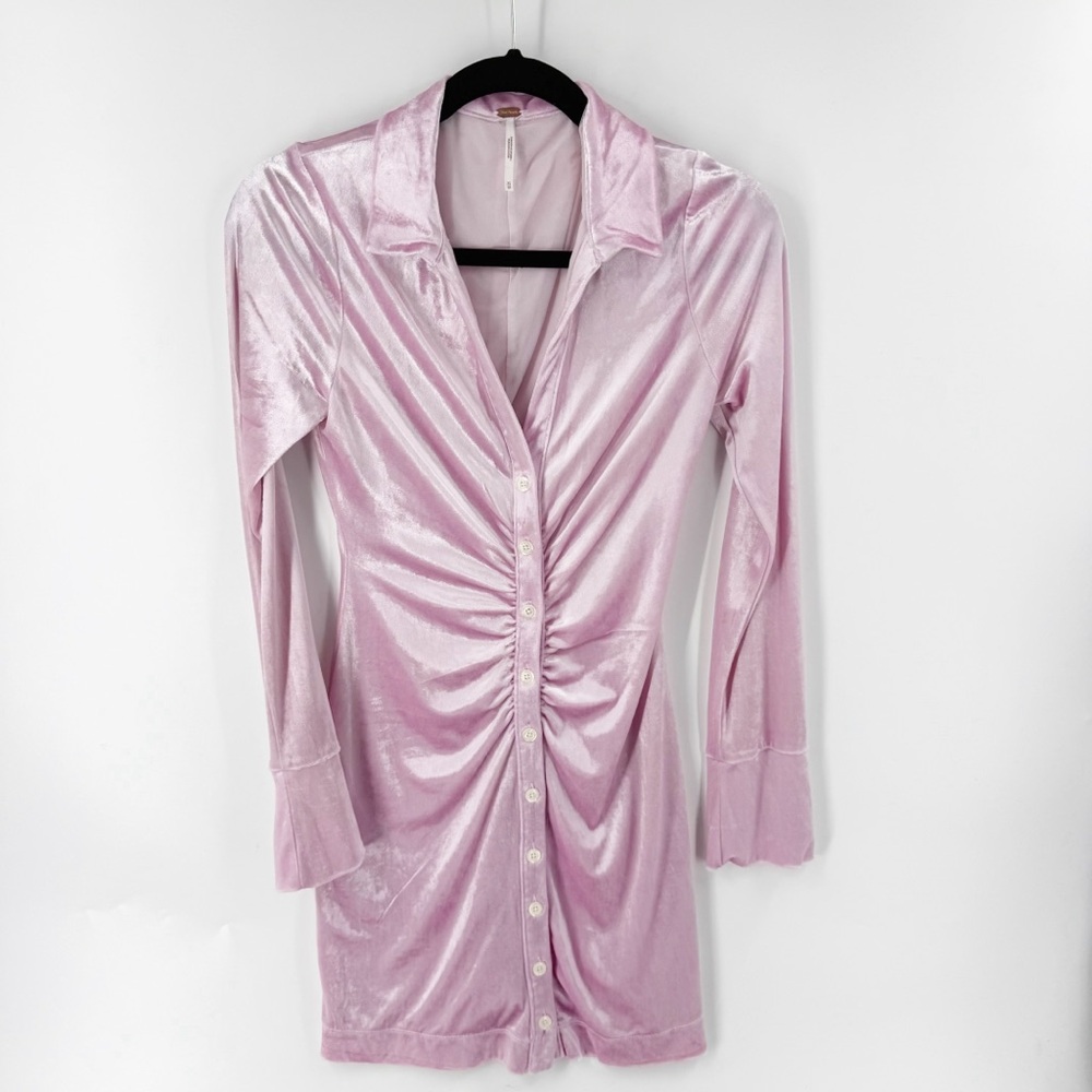 ✅ Free People Pink Shayla Velvet Fitted Stretch Ruched Soft Mini Dress SIZE XS
